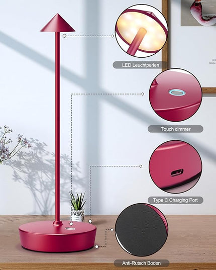 Cordless Table Lamps Rechargeable, 6000mAh Battery Operated LED Desk Lamp Outdoor Waterproof Portable Touch Dimmable Table Night Light for Patio Restaurant Dining Home Set of 2 Red - LeafyLoom