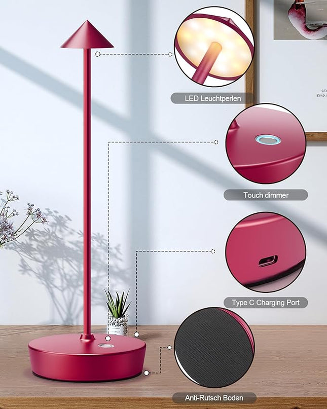 Cordless Table Lamps Rechargeable, 6000mAh Battery Operated LED Desk Lamp Outdoor Waterproof Portable Touch Dimmable Table Night Light for Patio Restaurant Dining Home Set of 2 Red - LeafyLoom