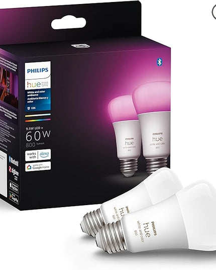 Philips Hue Smart 60W A19 LED Bulb - White and Color Ambiance Color-Changing Light - 2 Pack - 800LM - E26 - Indoor - Control with Hue App - Works with Alexa, Google Assistant and Apple Homekit PhilipsHue