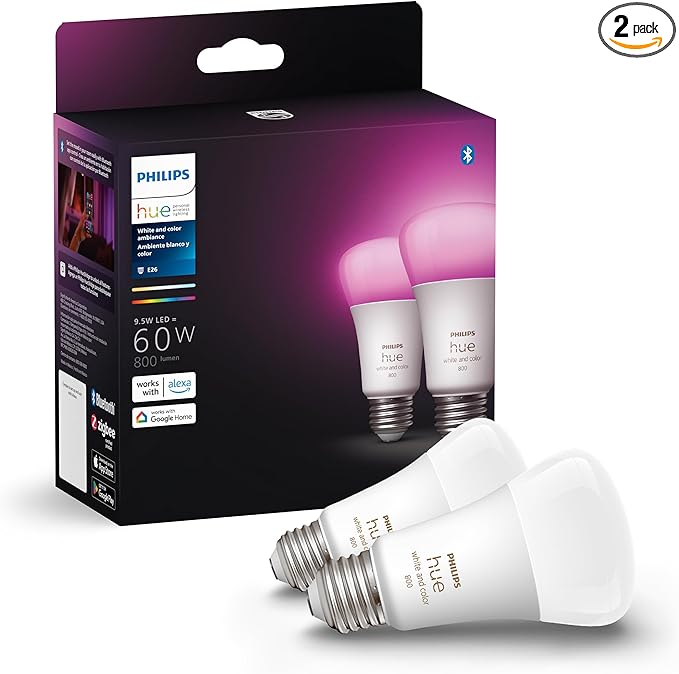 Philips Hue Smart 60W A19 LED Bulb - White and Color Ambiance Color-Changing Light - 2 Pack - 800LM - E26 - Indoor - Control with Hue App - Works with Alexa, Google Assistant and Apple Homekit PhilipsHue
