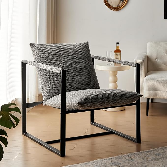 Wimarsbon Modern Accent Chair, Mid Century Sitting Chair with Sponge Cushion, Comfy and Sturdy Lounge Chair with Metal Leg for Bedroom, Living Room, Office,Easy Assembly (Linen-Grey) - LeafyLoom