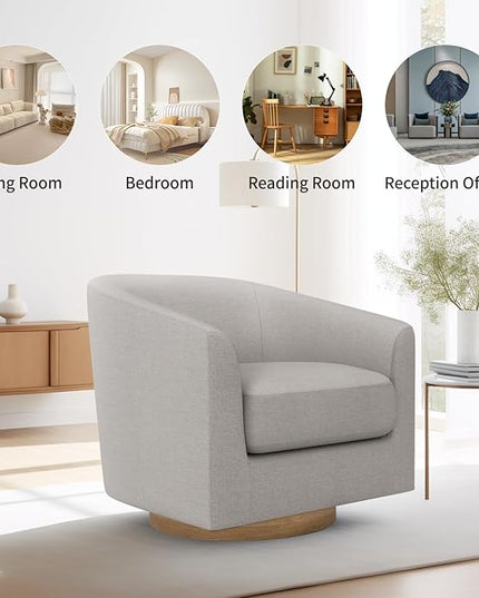 MUUEGM Accent Chair with Arms, 360 Degree Swivel Accent Chair with Wood Base, Modern Barrel Chair for Living Room, Bedroom, Waiting Room, Fully Assembled,Performance Fabric in Light Grey - LeafyLoom