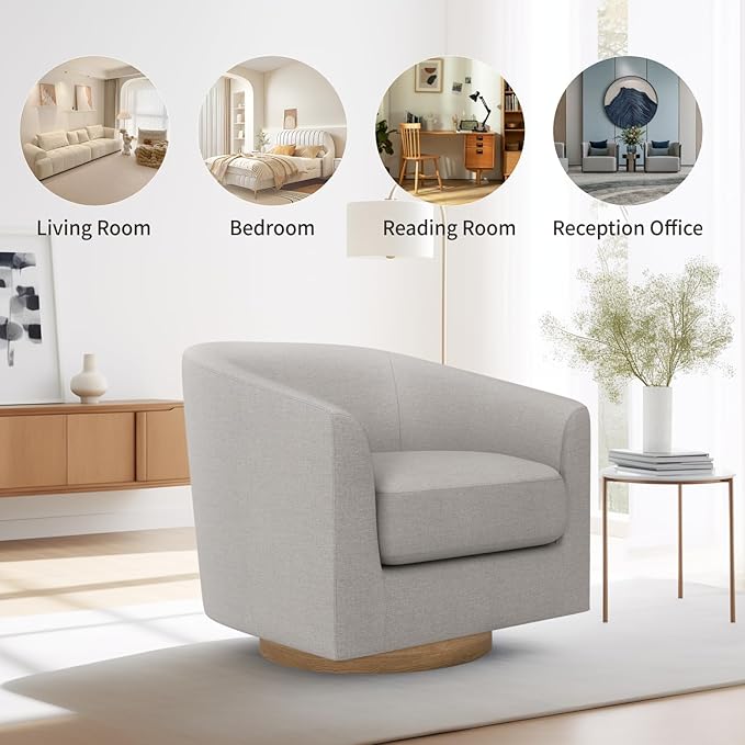 MUUEGM Accent Chair with Arms, 360 Degree Swivel Accent Chair with Wood Base, Modern Barrel Chair for Living Room, Bedroom, Waiting Room, Fully Assembled,Performance Fabric in Light Grey - LeafyLoom