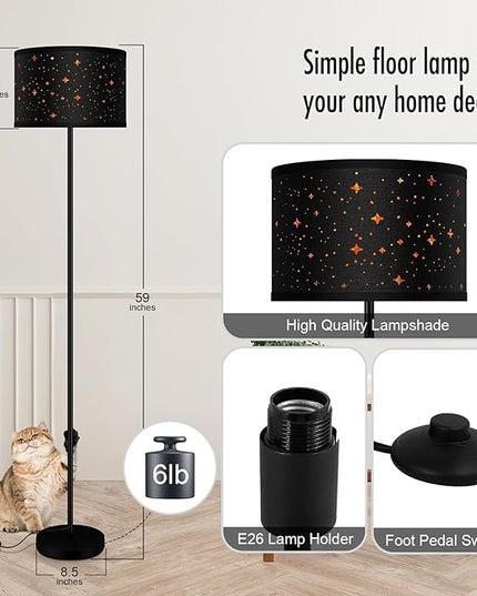 Black Floor Lamps for Living Room Bedroom, Bright Modern Standing Lamp with LED Bulb(6W Bulb), Black Star Lamp Shade, 59" Tall, Footswitch, Simple Reading Floor Lamps Corner Lamp for Office/Den - LeafyLoom