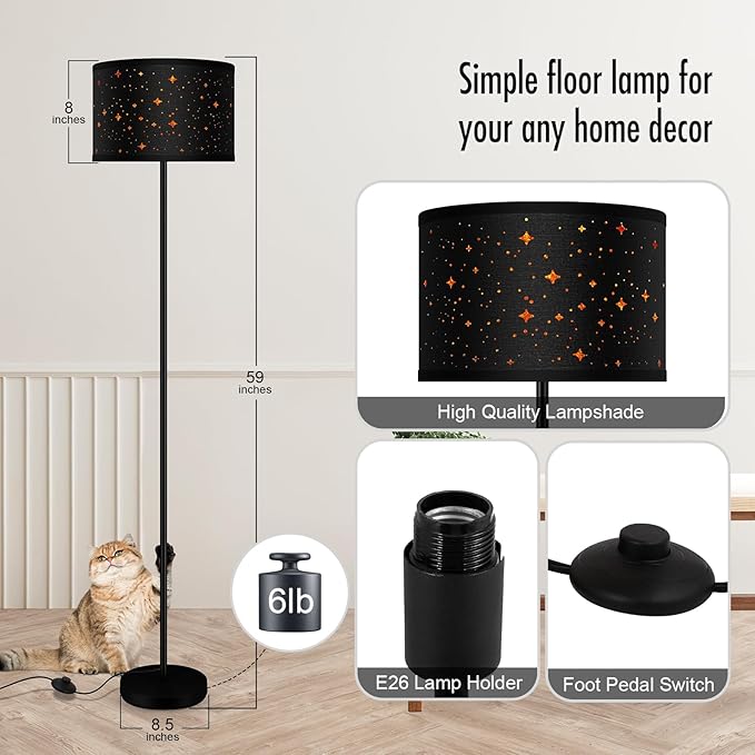 Black Floor Lamps for Living Room Bedroom, Bright Modern Standing Lamp with LED Bulb(6W Bulb), Black Star Lamp Shade, 59" Tall, Footswitch, Simple Reading Floor Lamps Corner Lamp for Office/Den - LeafyLoom