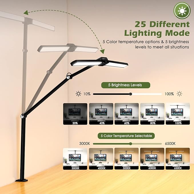 VSATEN LED Desk Lamp for Home Office, 24W Bright Architect Desk Lamp, 5 Modes Double Head Flexible Gooseneck Eye Caring Reading Study Light with Light Sensor Function for Workbench Study Reading - LeafyLoom