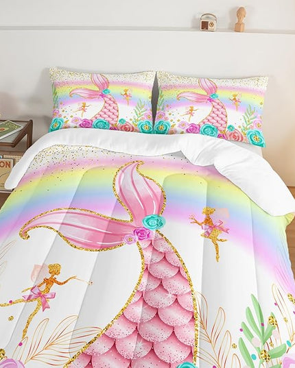 HOSIMA Mermaid Comforter with 2 Pillowcases,Girly Rainbow Bedding Set Glitter Pink Mermaid Tail Comforter Set,Flower Fairies Rose Gold Comforter Set,Floral Full Size Bed in a Bag Set. - LeafyLoom