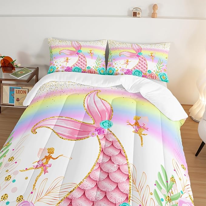 HOSIMA Mermaid Comforter with 2 Pillowcases,Girly Rainbow Bedding Set Glitter Pink Mermaid Tail Comforter Set,Flower Fairies Rose Gold Comforter Set,Floral Queen Comforter Set. - LeafyLoom