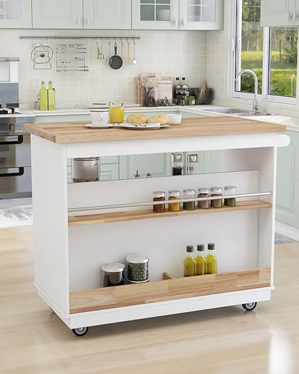 Rolling Storage, Two-sided Kitchen Island Cart on Wheels with Wood Top, Wine and Spice Rack, 2 Drawers, 3 Open Compartments, for Dining Room, Home, White, 46 Inch - LeafyLoom