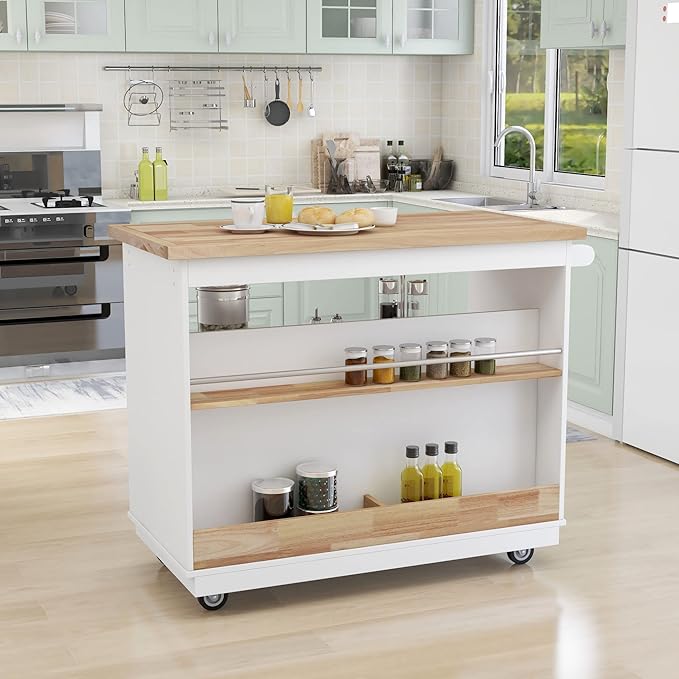 Rolling Storage, Two-sided Kitchen Island Cart on Wheels with Wood Top, Wine and Spice Rack, 2 Drawers, 3 Open Compartments, for Dining Room, Home, White, 46 Inch - LeafyLoom