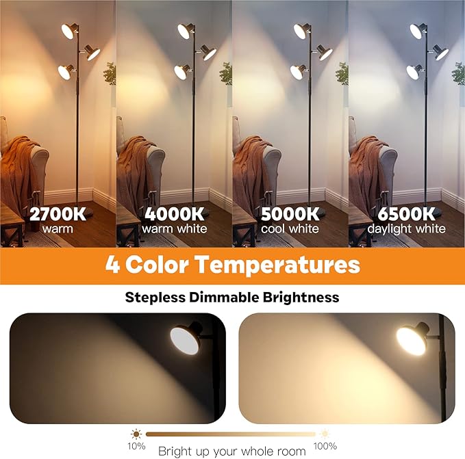 36W LED Tree Floor Lamp, Modern Dimmable Standing Lamp with Remote & Touch Control, 4 Color Temperatures, 3 Rotatable LED Light Floor Lamps for Living Room, Bedroom, Office - LeafyLoom