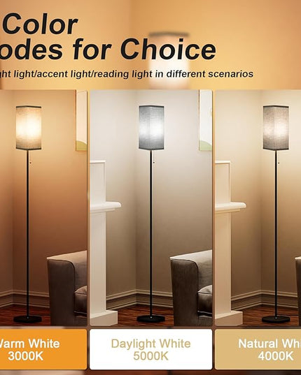Black Floor Lamps for Living Room - 3 Color Temperature Standing Lamps with Pull Chain Switch, Tall Lamp for Office Home Nursery and Hotel, Pole Lamp with Black Lampshade for Reading - LeafyLoom