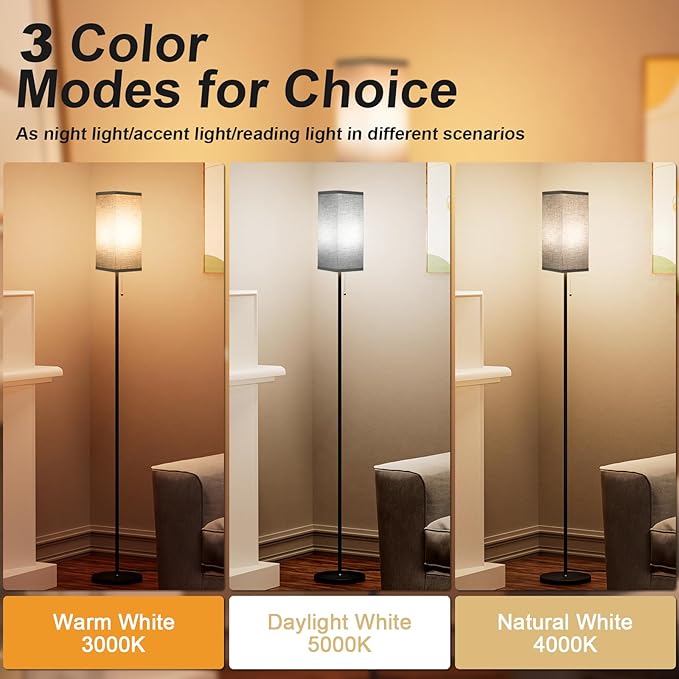 Black Floor Lamps for Living Room - 3 Color Temperature Standing Lamps with Pull Chain Switch, Tall Lamp for Office Home Nursery and Hotel, Pole Lamp with Black Lampshade for Reading - LeafyLoom