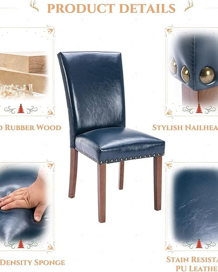 Parsons Dining Chairs Set of 2, Upholstered Nailhead PU Leather Dining Room Kitchen Side Chair with Thick Cushions and Wood Legs, Blue - LeafyLoom