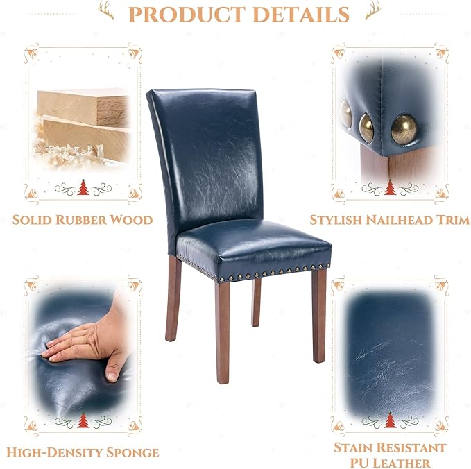 Parsons Dining Chairs Set of 2, Upholstered Nailhead PU Leather Dining Room Kitchen Side Chair with Thick Cushions and Wood Legs, Blue - LeafyLoom