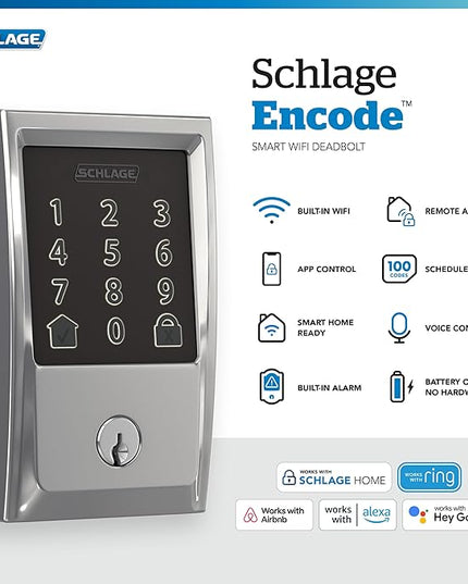 Schlage Encode Smart WiFi Deadbolt with Century Trim In Bright Chrome SchlageLockCompany