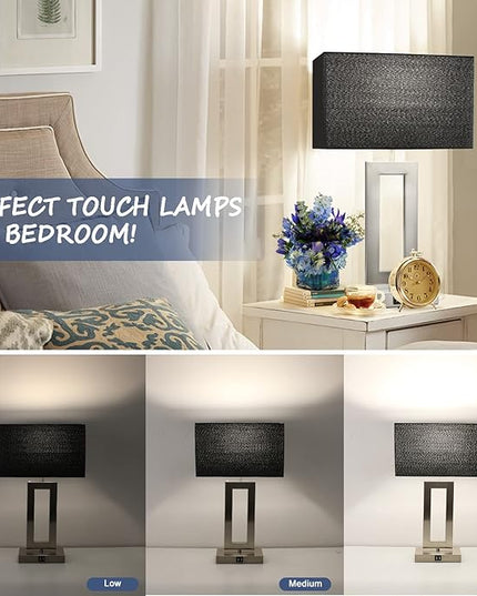 22'' Set of 2 Black Touch Table Lamps with 2 USB Ports, 3-Way Dimmable Touch Lamps for Bedroom Bedside Nightstand, Modern Brushed Nickel Lamps for Living Room End Table, LED Bulbs Included - LeafyLoom