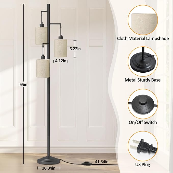 3-Lights Boho Floor Lamps with ON/OFF Foot Switch Tree Standing Lamp with Hanging Lampshades Farmhouse Floor Lamp Tall Pole Lamp for Living Room Bedroom Office, 3 PCS 6W Bulbs Included - LeafyLoom