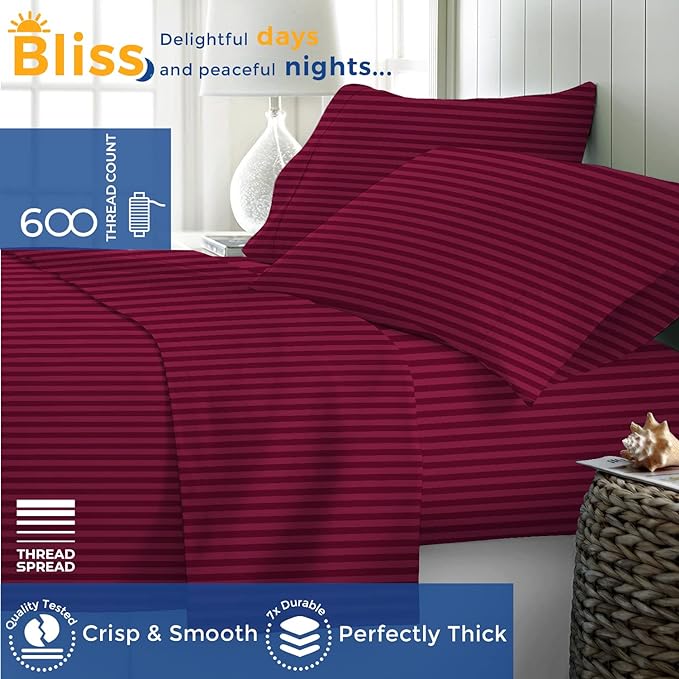 THREAD SPREAD Luxury Egyptian Cotton California King Stripe Sheet Set, 600 Thread Count Extra Long Staple 4 PC Set, Cal King Stripe Sheets, Soft, Cooling Striped Sheets Upto 18" Deep Pocket - Burgundy - LeafyLoom