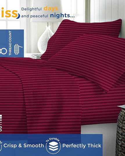THREAD SPREAD Striped Egyptian Cotton Sheets Twin XL Size - 600 Thread Count 3 PC Damask Twin XL Sheets Deep Pocket, Sateen Weave College Dorm Bedding Twin XL, Fits Mattress upto 18" - Burgundy Stripe - LeafyLoom