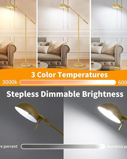Gold Floor Lamp with Remote Control and Stepless Dimmable Color Temperature and Brightness Reading Standing Lamp with Adjustable Swing Arm for Living Room Bedroom Office, 9W Bulb Included - LeafyLoom