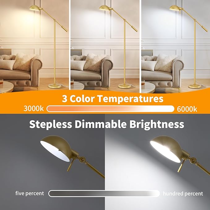 Gold Floor Lamp with Remote Control and Stepless Dimmable Color Temperature and Brightness Reading Standing Lamp with Adjustable Swing Arm for Living Room Bedroom Office, 9W Bulb Included - LeafyLoom