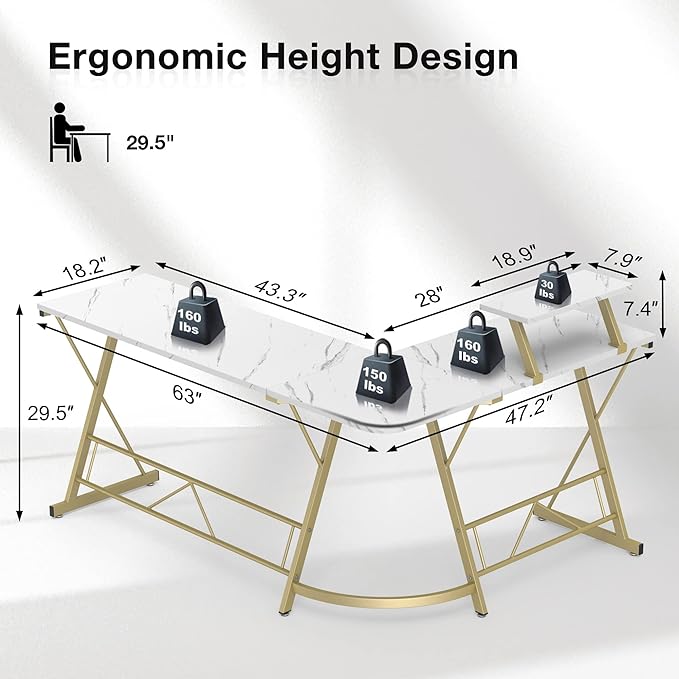 Mr IRONSTONE 63" L Shaped Gaming Desk, Corner Computer Desk, Home Office Writing Desk with Sturdy Monitor Shelf, Spacious L Shaped Desk Workstation, Easy to Assemble, Laminate Marble - LeafyLoom