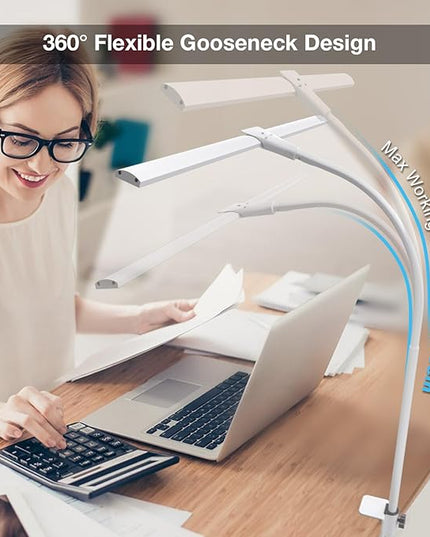 LED Desk Lamp, Double Head Desk Lamps for Home Office, Dimmable 25 Lighting Modes Bright Desk Lighting,12W 1400lm Eye-Caring Architect Table Lamp for Workbench Monitor Reading Study, White - LeafyLoom