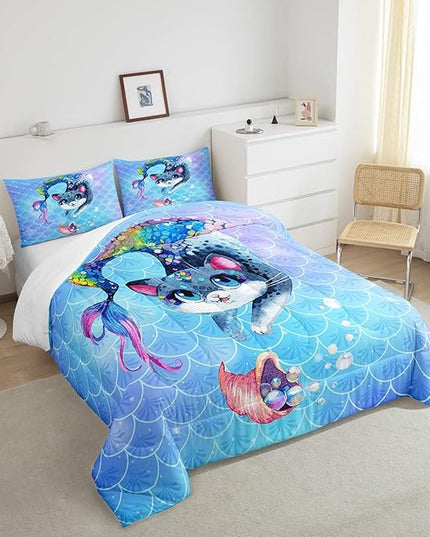 Rainbow Cartoon Cat Bed Sheet Set Colorful Mermaid Comforter Set for Kids Boys Girls Teens Room Decor Blue Mermaid Scales Bedding Set Set Ocean Gradient Bed Cover 3Pcs Full Size Boys - LeafyLoom