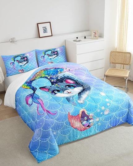 Rainbow Cartoon Cat Comforter Colorful Mermaid Comforter Set for Kids Boys Girls Teens Room Decor Blue Mermaid Scales Bedding Set Ocean Gradient Duvet Set 3Pcs King Size Boys - LeafyLoom