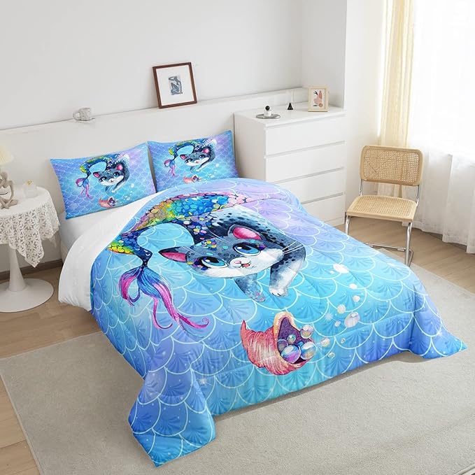 Rainbow Cartoon Cat Comforter Colorful Mermaid Comforter Set for Kids Boys Girls Teens Room Decor Blue Mermaid Scales Bedding Set Ocean Gradient Duvet Set 3Pcs King Size Boys - LeafyLoom