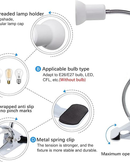 Flexible Clip Lamp Holder Clip Desk Lamp Holder Clamp Lamp Fixture with 40CM Swing Arm Clamp Clip on Light for Reading Bed Headboard Computer Home Office - LeafyLoom