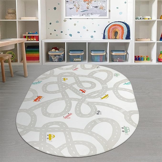 LIVEBOX Grey Car Rug for Playroom, 5'X7' Kids Play Mat for Boys and Girls, Large Road Traffice Rugs for Nursery, Washable Kids Rug Non-Slip Toy Car Mat for Bedroom Toddler Room - LeafyLoom