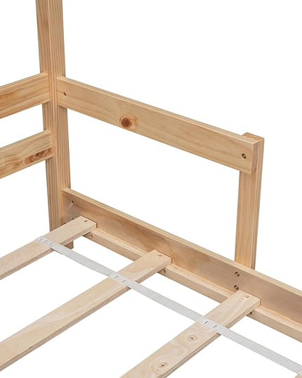 Full Size Bed Frame for Kids,House-Shaped Headboard Kids Bed,Girls Bed with Handrails,Low Platform Bed for Boys Girls,No Box Spring Needed(Natural) - LeafyLoom
