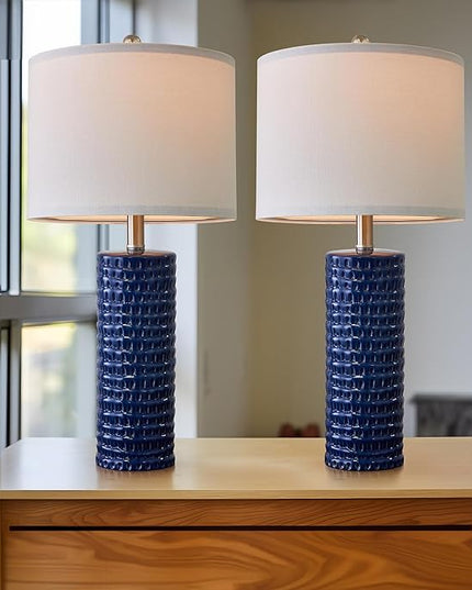 PORTRES 24.75" Modern Accent Ceramic Table Lamp Set of 2 for Bedroom Blue Desk Decor Bedside Lamps for Living Room Study Room Office Dorm Farmhouse Nightstand Lamp End Table Lamps - LeafyLoom