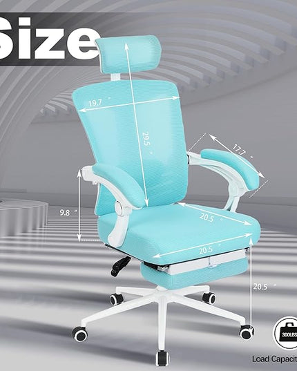 Vonesse Ergonomic Office Chair with Headrest Computer Mesh Office Chair with Footrest Big and Tall Office Chair High Back Comfortable Home Office Chair for Heavy People Desk Chair Teal/Cyan - LeafyLoom