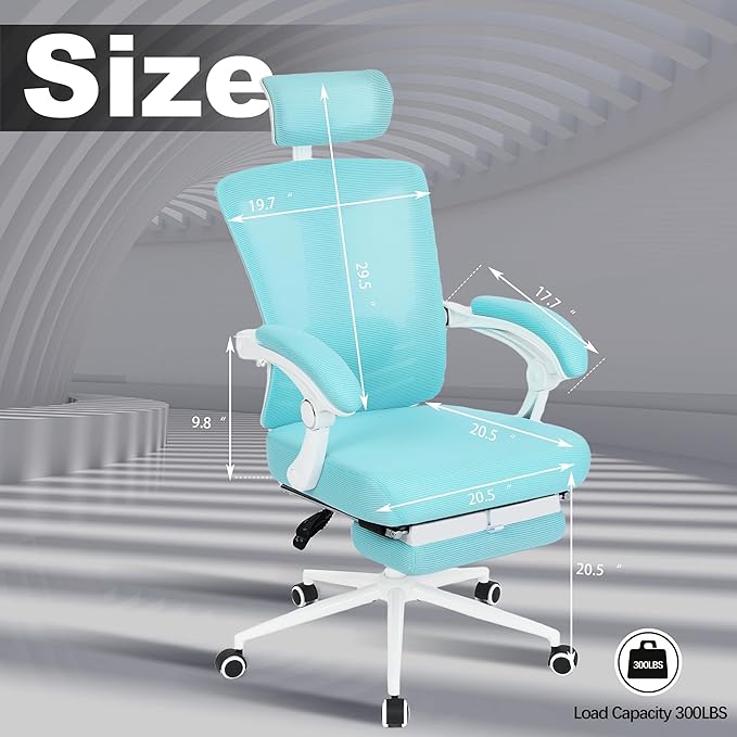 Vonesse Ergonomic Office Chair with Headrest Computer Mesh Office Chair with Footrest Big and Tall Office Chair High Back Comfortable Home Office Chair for Heavy People Desk Chair Teal/Cyan - LeafyLoom