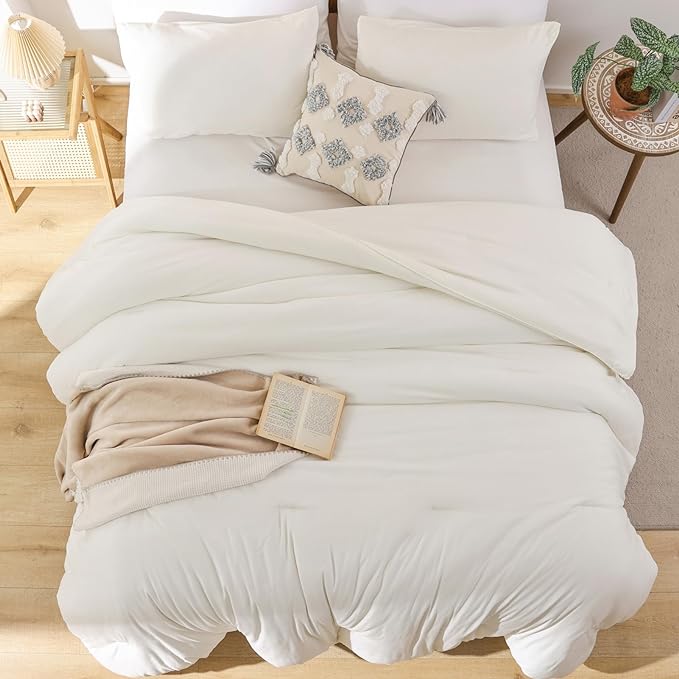 ROSGONIA California King Comforter Set Ivory, 3pcs (1 Boho Cal King Comforter & 2 Pillowcases), All Season Bedding Soft Bedspread Blanket Quilt - LeafyLoom
