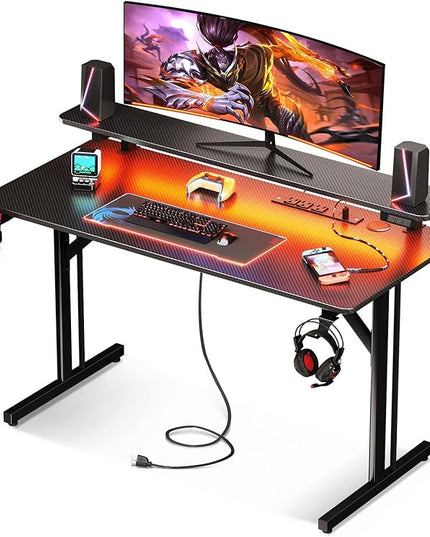 MOTPK Small Gaming Desk with LED Lights & Power Outlets, 39 Inch Computer Desk Gaming Table with Monitor Shelf, Gamer Desk with Carbon Fiber Texture, Kids Boys Desk Gift for Men - LeafyLoom