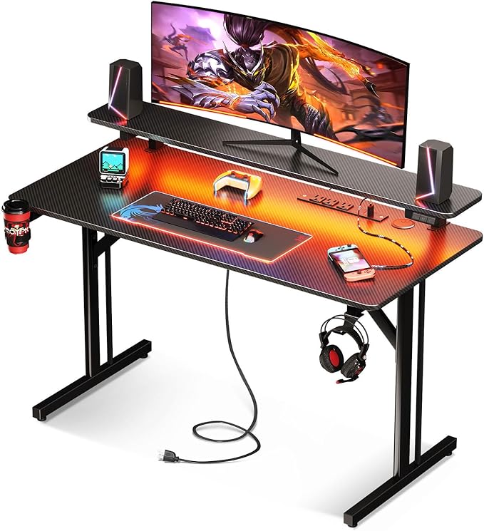 MOTPK Small Gaming Desk with LED Lights & Power Outlets, 39 Inch Computer Desk Gaming Table with Monitor Shelf, Gamer Desk with Carbon Fiber Texture, Kids Boys Desk Gift for Men - LeafyLoom