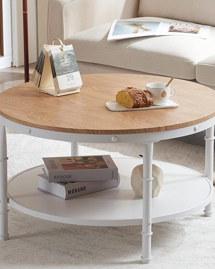 VINGLI 31.5" Natural White Round Farmhouse Coffee Table, 2-Tier Storage Wood Center Circle Accent Table for Living Room, Bedroom, Apartment, Studio and Small Spaces, Sturdy Metal Frame, Natural Color - LeafyLoom