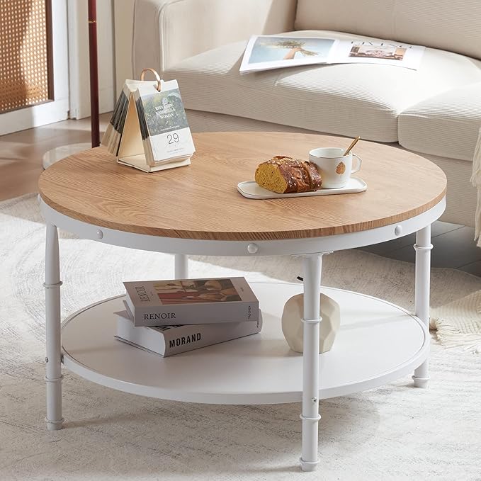 VINGLI 31.5" Natural White Round Farmhouse Coffee Table, 2-Tier Storage Wood Center Circle Accent Table for Living Room, Bedroom, Apartment, Studio and Small Spaces, Sturdy Metal Frame, Natural Color - LeafyLoom