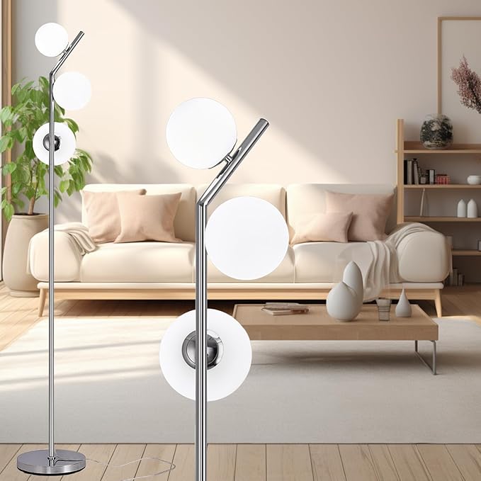 Modern Floor Lamp, LED Standing Tall Pole Lamp with Glass Shade, Elegant Mid Century Modern Floor Lamps for Living Room,Bedroom,Office,3 Lights (Bulbs Included) - LeafyLoom