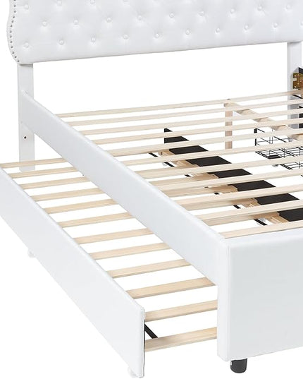 Queen Size Linen Upholstery Platform 2 Storage Drawers and Trundle,Solid Pine Wood Bedroom Bed Frame w/Headboard & Slat Support,for Kids Teens Adults,White - LeafyLoom
