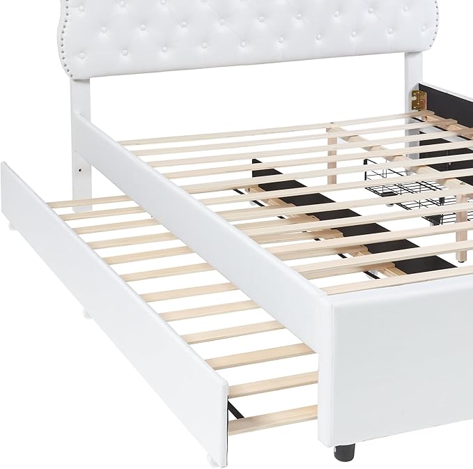 Queen Size Linen Upholstery Platform 2 Storage Drawers and Trundle,Solid Pine Wood Bedroom Bed Frame w/Headboard & Slat Support,for Kids Teens Adults,White - LeafyLoom