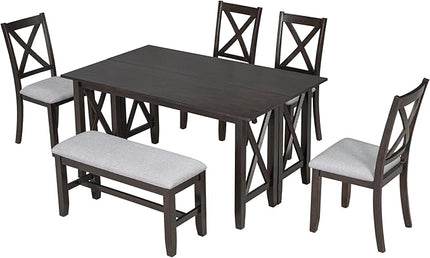 RITSU 6 Piece Family Foldable Dining Table Set with 4 Upholstered Burlap Chairs and Bench, Solid Wood Construction, Space Saving, Suitable for Living Room, Apartment Espresso, 60inch - LeafyLoom