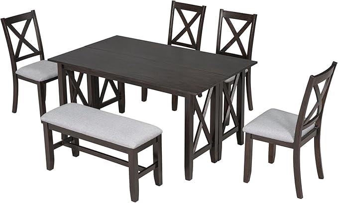 RITSU 6 Piece Family Foldable Dining Table Set with 4 Upholstered Burlap Chairs and Bench, Solid Wood Construction, Space Saving, Suitable for Living Room, Apartment Espresso, 60inch - LeafyLoom