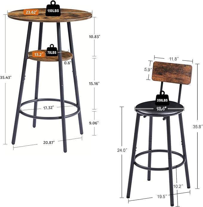 NicBex Kitchen Table Set Modern Dining Table Set Small Dining Table for 2 Round Bar Stool Set with Shelf, Upholstered Stool with Backrest for Dining Room, Dinette, Compact Space, Rustic Brown - LeafyLoom