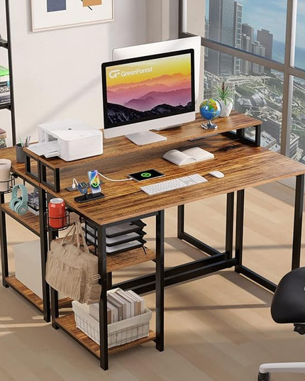 GreenForest Computer Desk with USB Charging Port and Power Outlet, Reversible Home Office Desk with Monitor Stand and Storage Shelves, 40 inch Work Desk with Cup Holder and Hook, Walnut - LeafyLoom