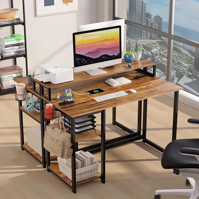 GreenForest Computer Desk with USB Charging Port and Power Outlet, Reversible Home Office Desk with Monitor Stand and Storage Shelves, 40 inch Work Desk with Cup Holder and Hook, Walnut - LeafyLoom